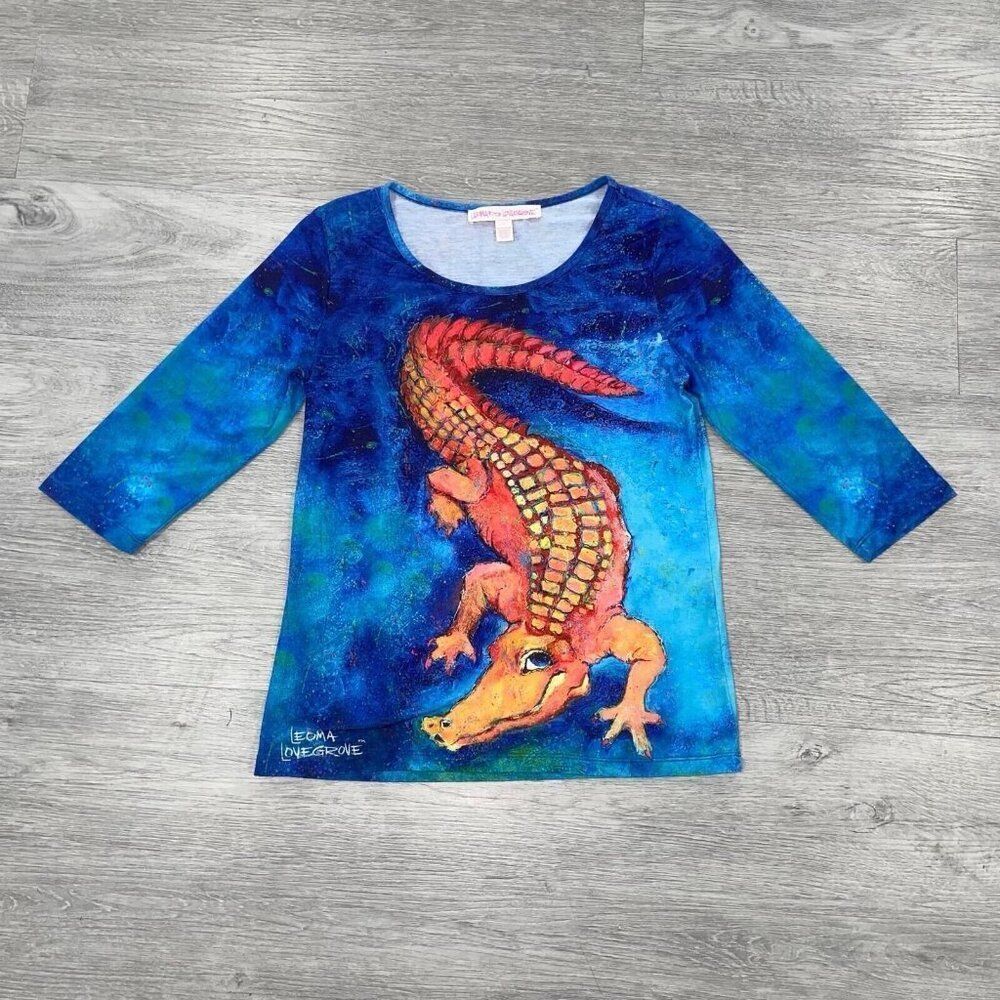 Leoma Lovegrove Women Small Alligator Colorful Wearable Art Top 3/4 Sleeve Shirt
